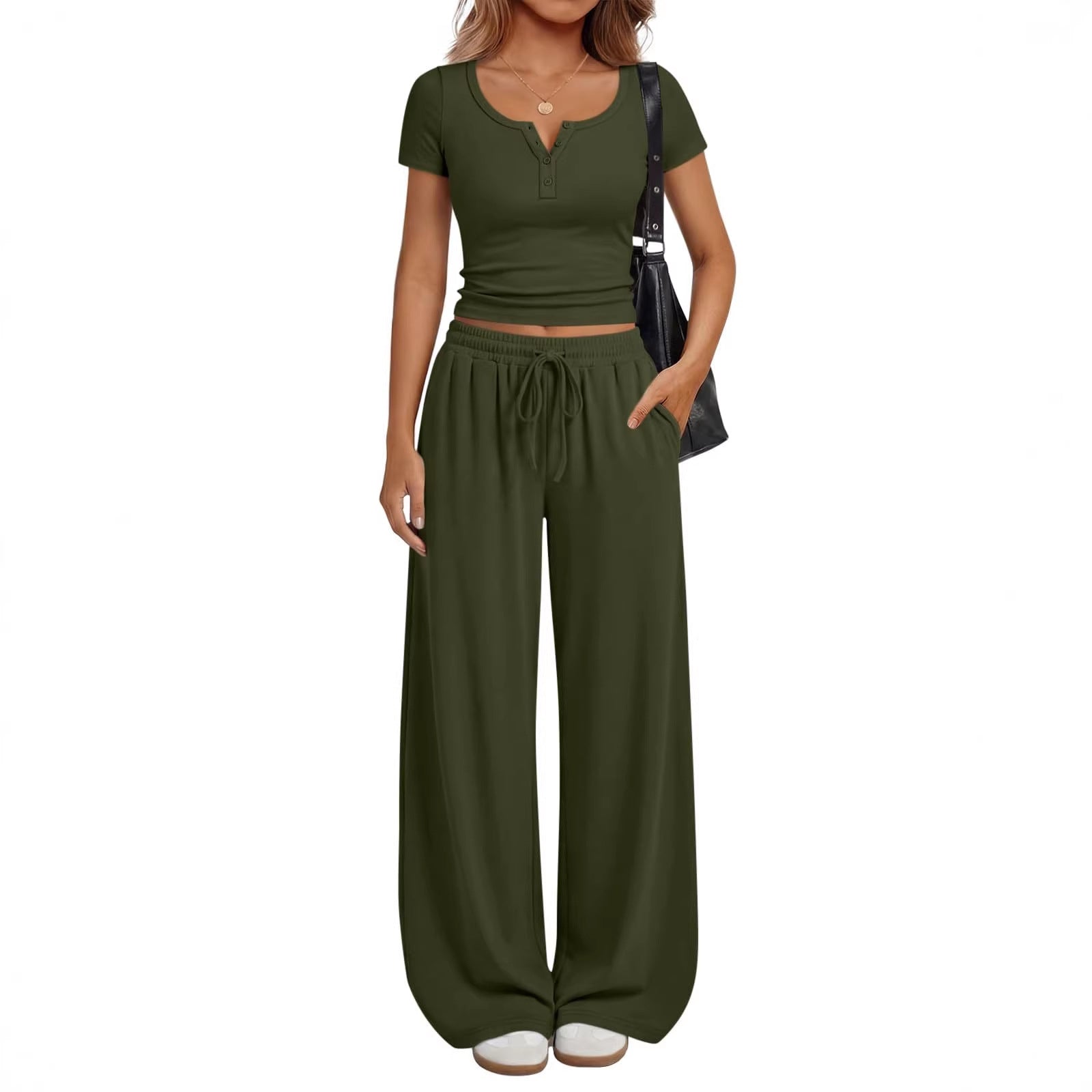 Conjunto de ropa de estar por casa para mujer: top de manga corta y pantalón de pierna ancha.