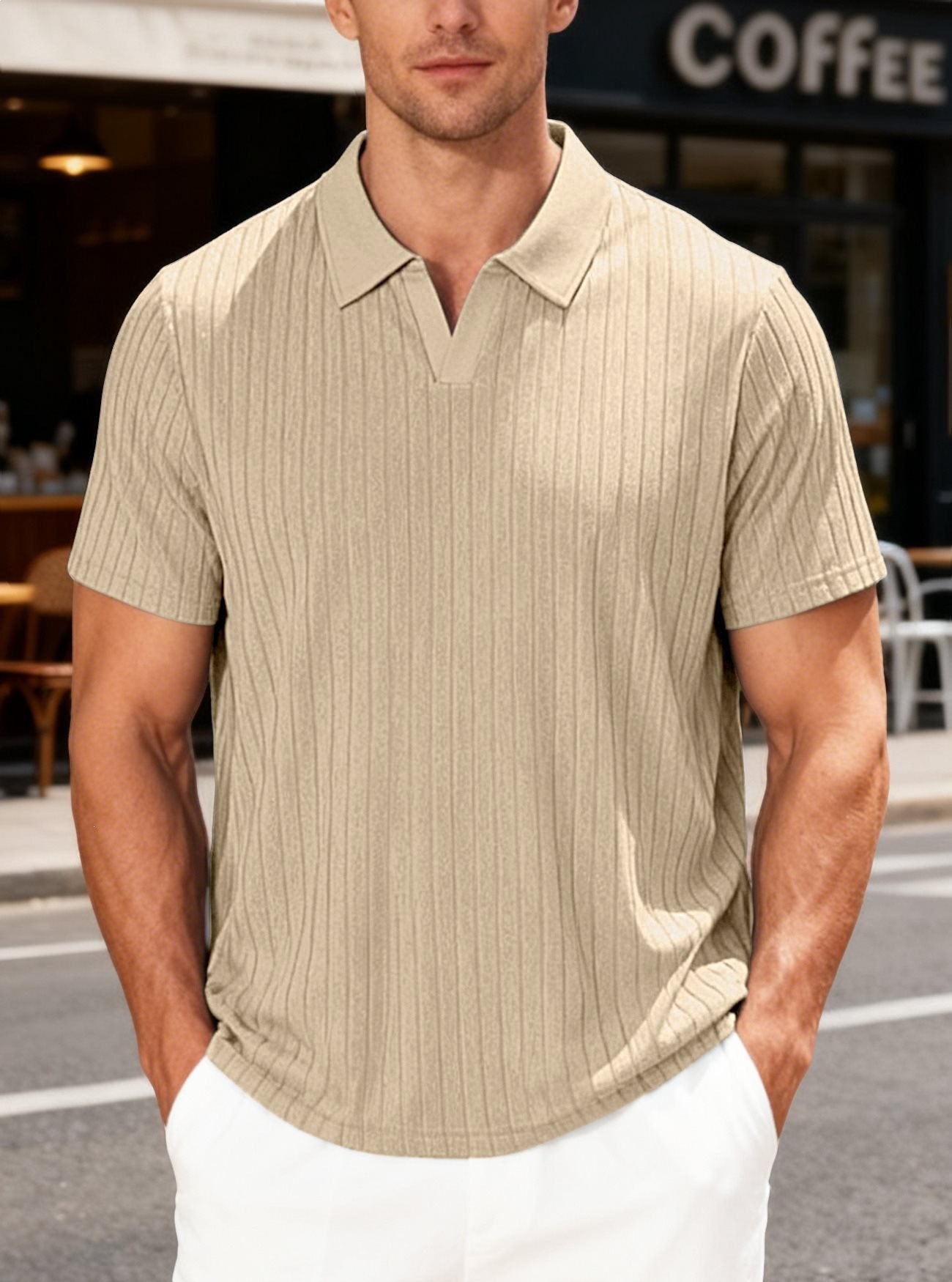 Camisa informal de manga corta a rayas con solapa de jacquard y tejido tipo toalla para hombre