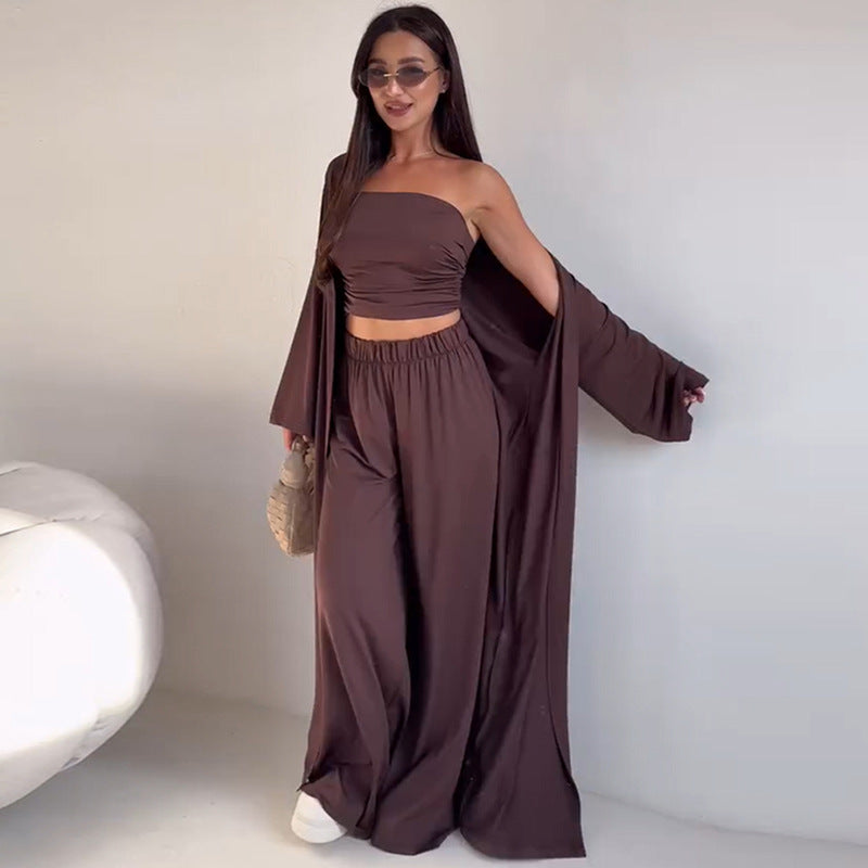 Conjunto Tres Piezas Mujer Chaleco Cárdigan y Pantalón Ancho — Casual