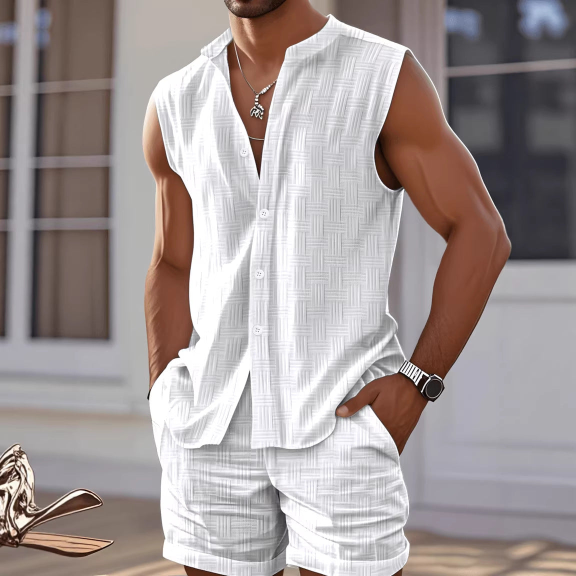 Conjunto deportivo informal sin mangas para hombre con cuello redondo