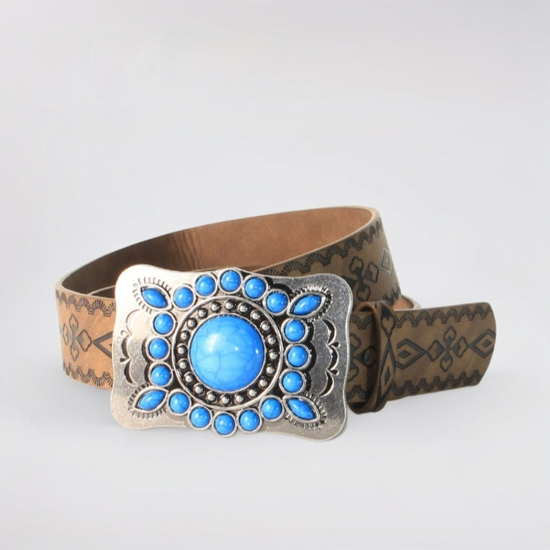 Cinturón con hebilla de aleación de plata antigua y azul turquesa con relieve retro