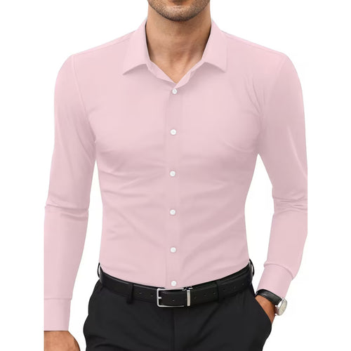 Camisa blanca elástica de manga larga con botones para hombre, tallas grandes.