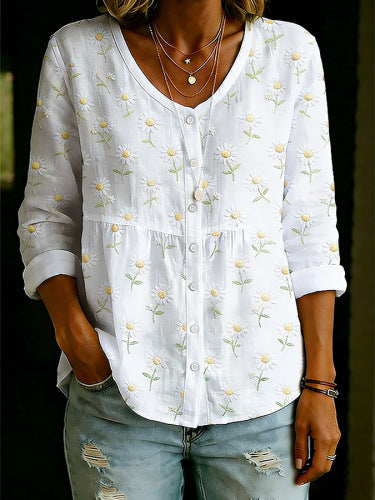 Camisa Henley para mujer con estampado floral en 3D