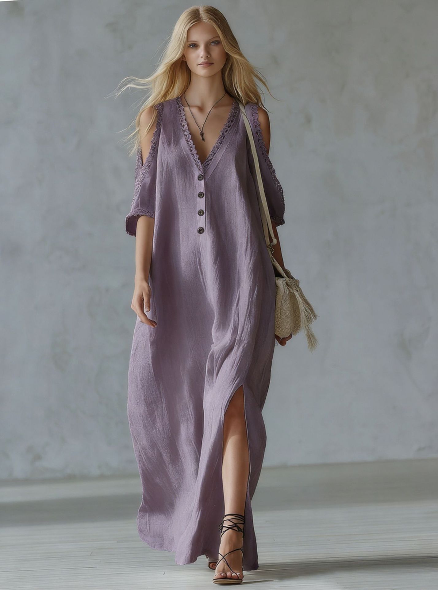 Nuevo vestido casual de mujer de corte holgado con ribete de encaje.