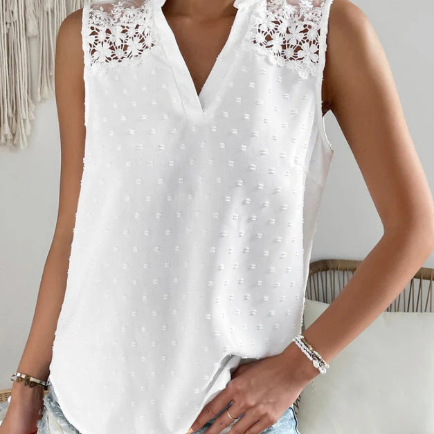 Camiseta Sin Mangas Jacquard Cuello Alto Escote en V Color Liso