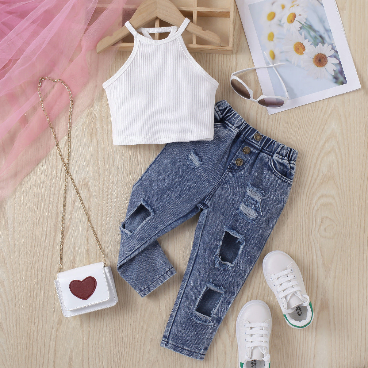Conjunto de Dos Piezas para Niña: Jersey sin Mangas y Pantalón Vaquero