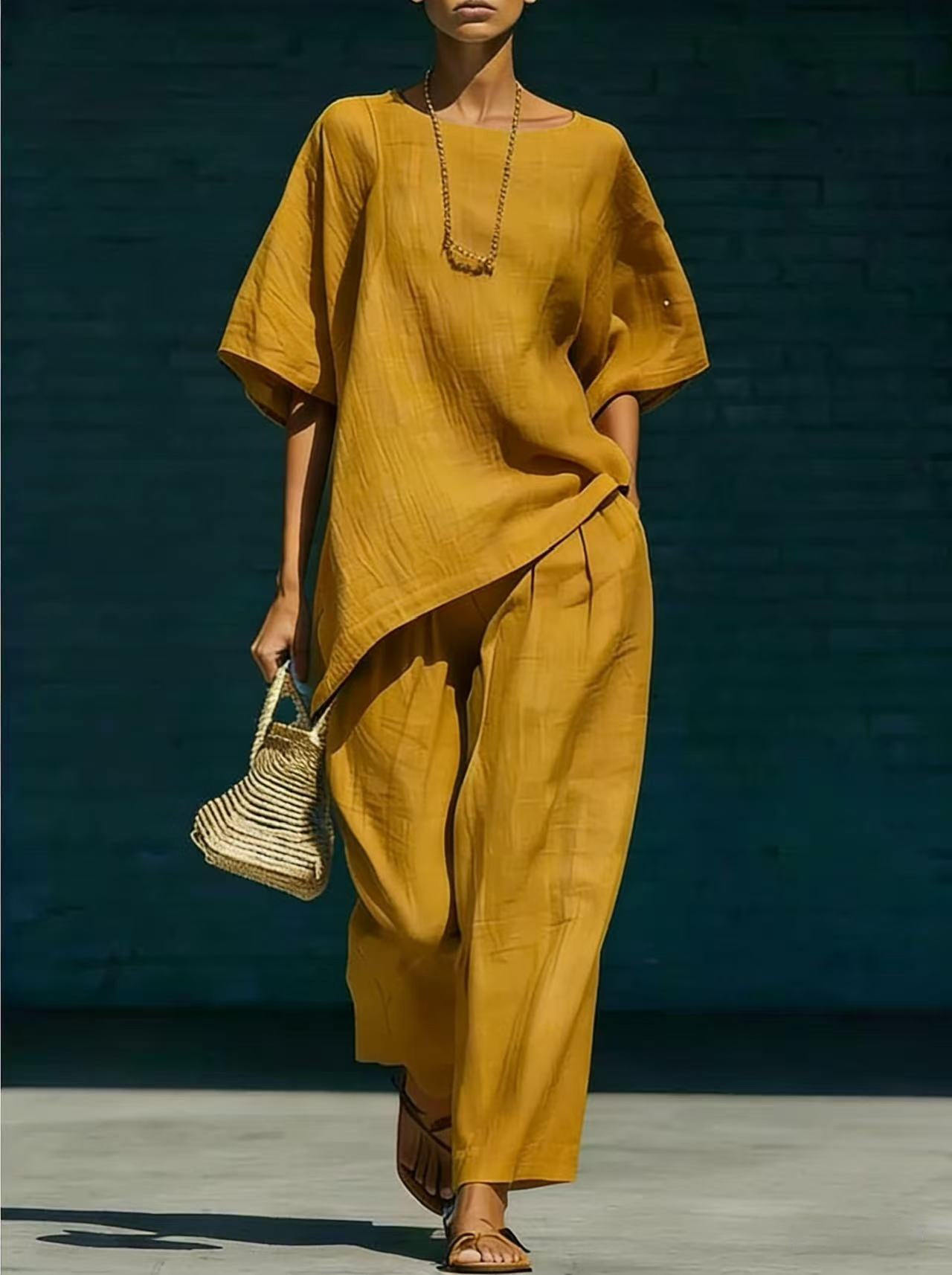 Conjunto de top de manga corta con bajo asimétrico y pantalón de pierna ancha.