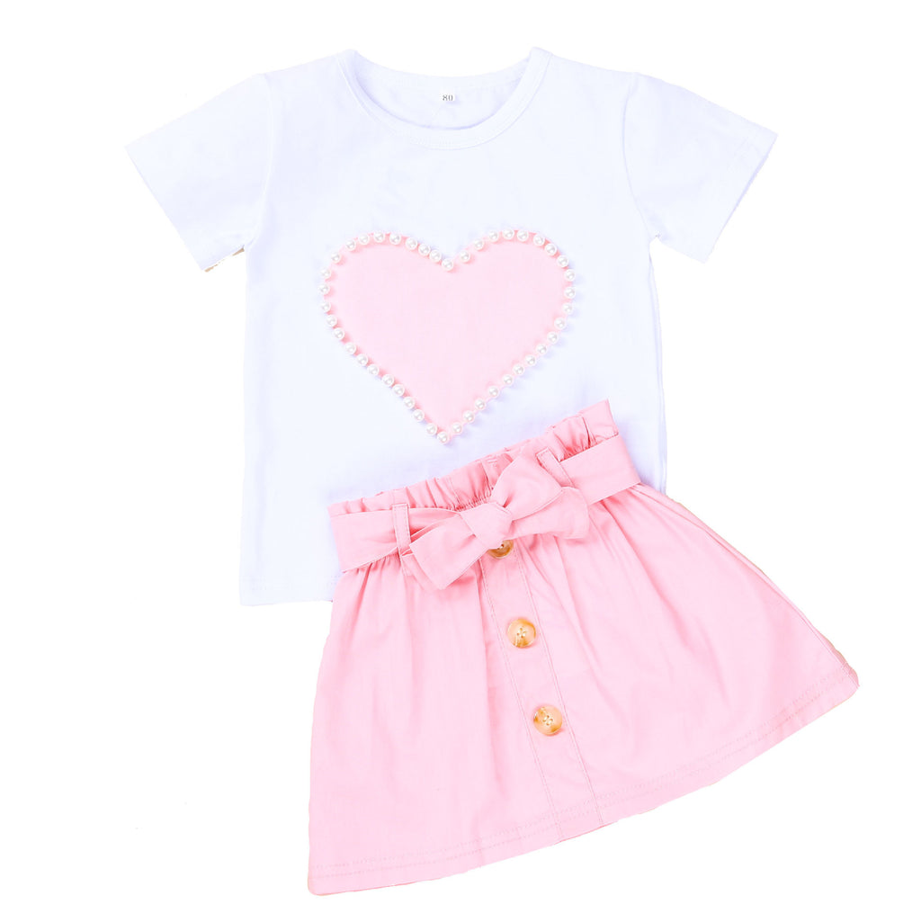 Girl's summer outfit white short-sleeve skirt with bow and pearls