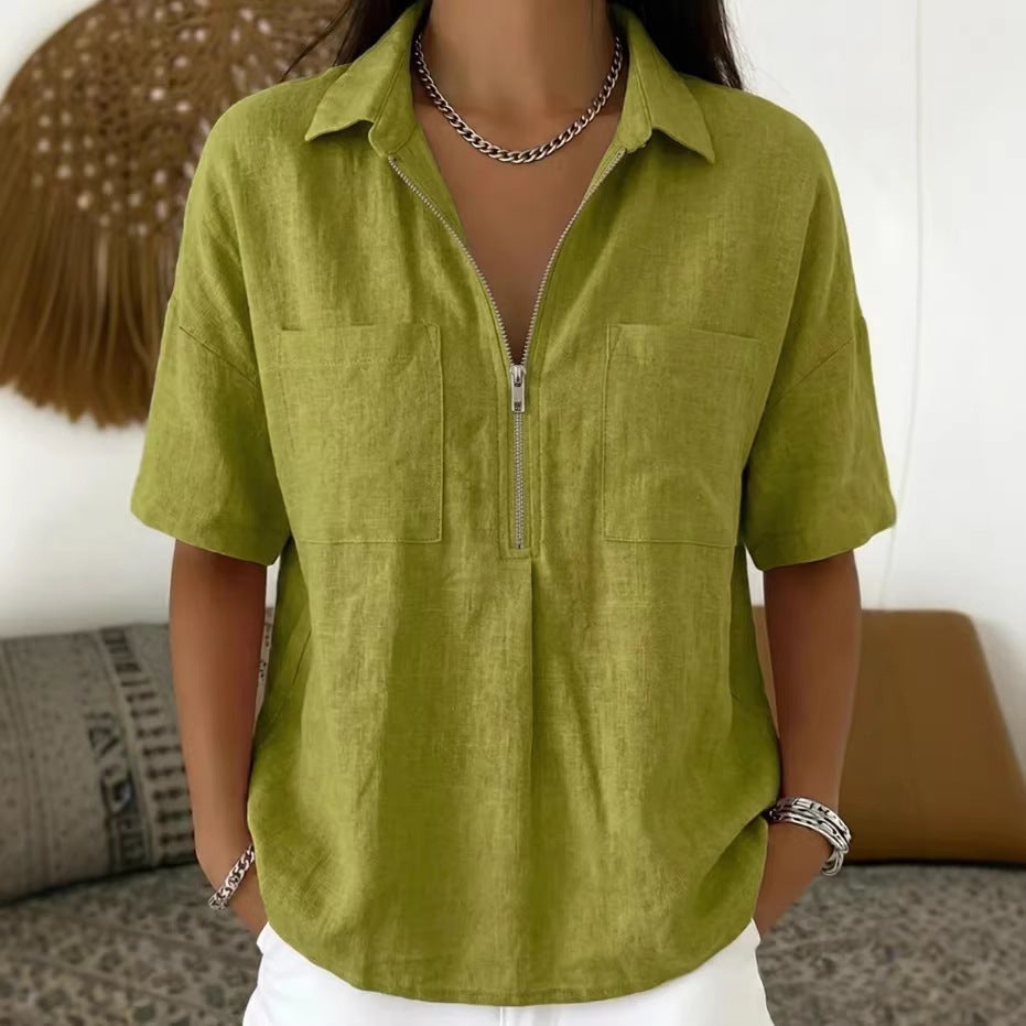 Camisa Informal Manga Corta Cuello V Cremallera Holgada para Mujer
