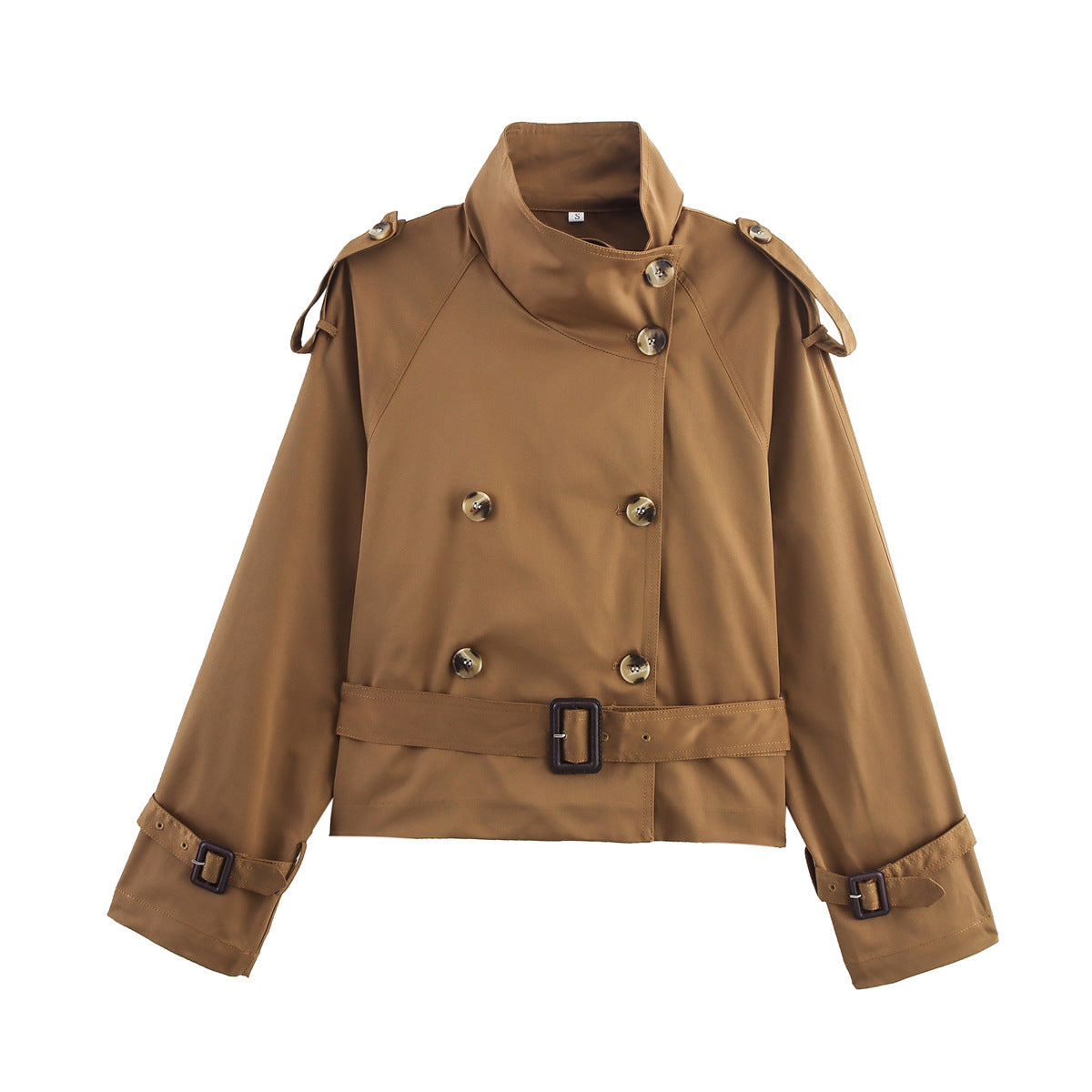 Gabardina corta para mujer con cuello de solapa y detalle de hebilla de cinturón.