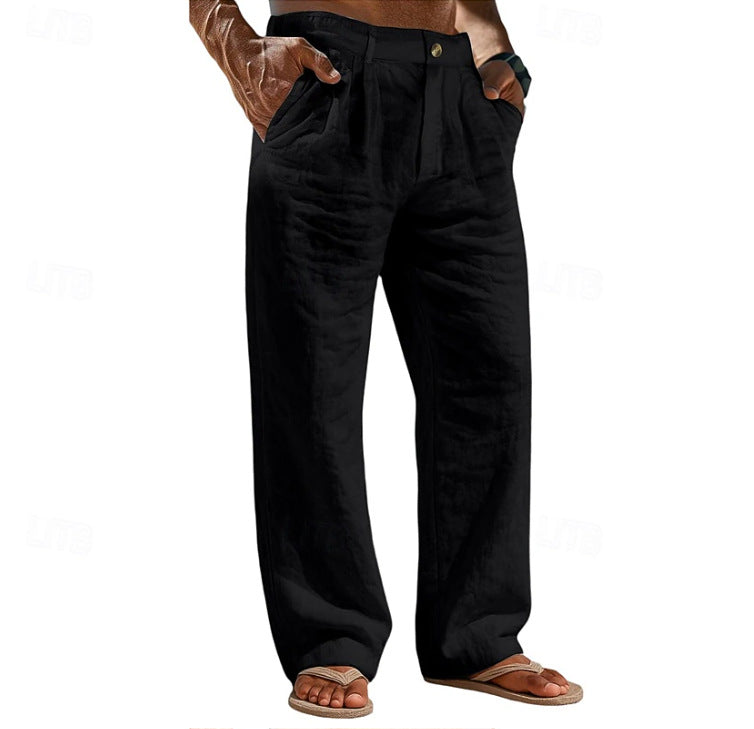 Pantalones de lino cómodos para vacaciones con bolsillos abotonados