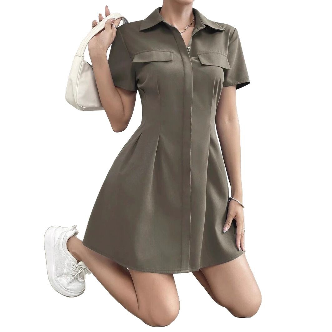 Vestido Camisero Midi Plisado con Cuello Solapa y Cintura Marcada