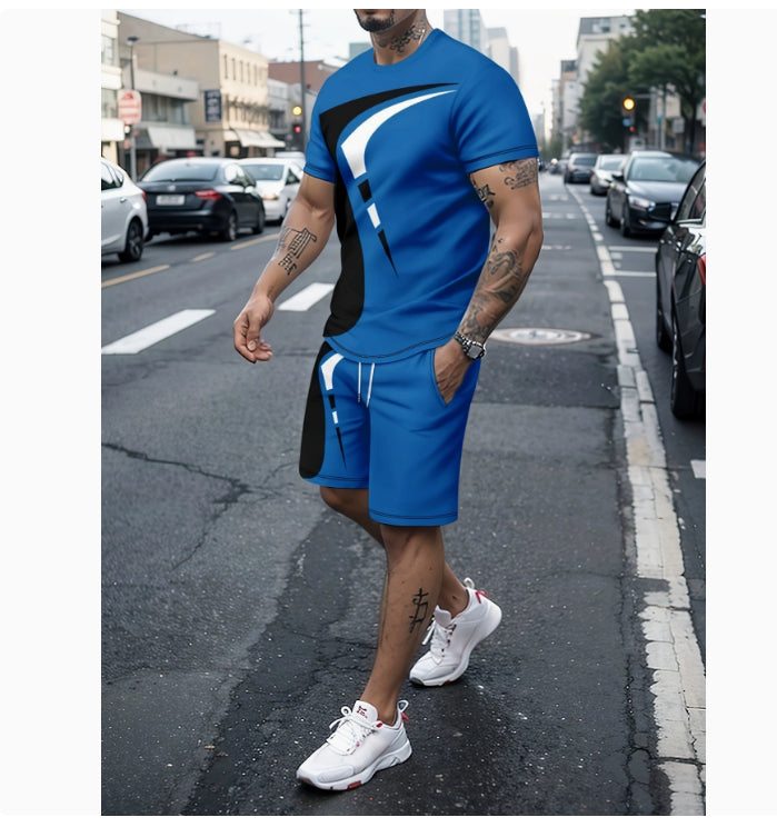 Conjunto deportivo informal de dos piezas para hombre — camiseta y pantalón corto estampados