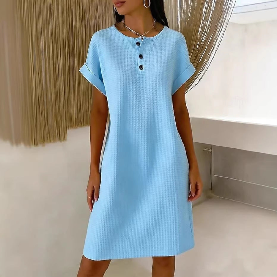New comfortable and casual plain waffle knit dress with a round neck
