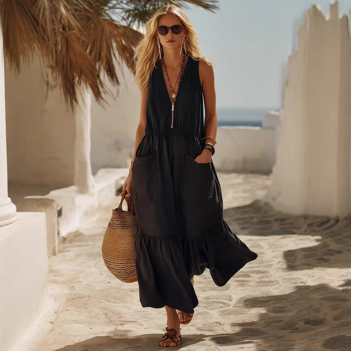 Vestido Casual Retro Cuello en V con Bolsillos para Mujer