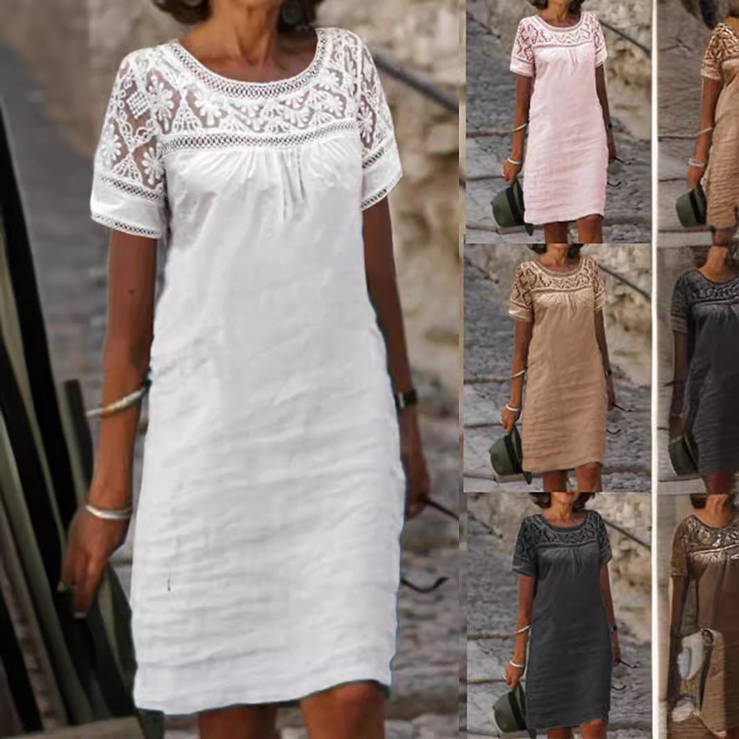 Vestido informal de manga corta, cuello redondo, color liso, de algodón y lino con detalles de encaje y patchwork.