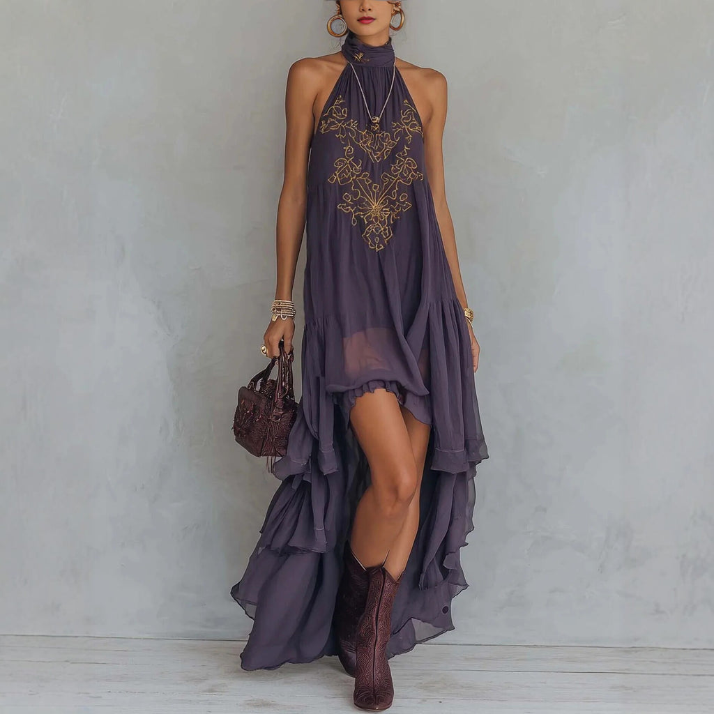 Vestido Maxi sin Mangas con Cuello Alto y Bordado Morado