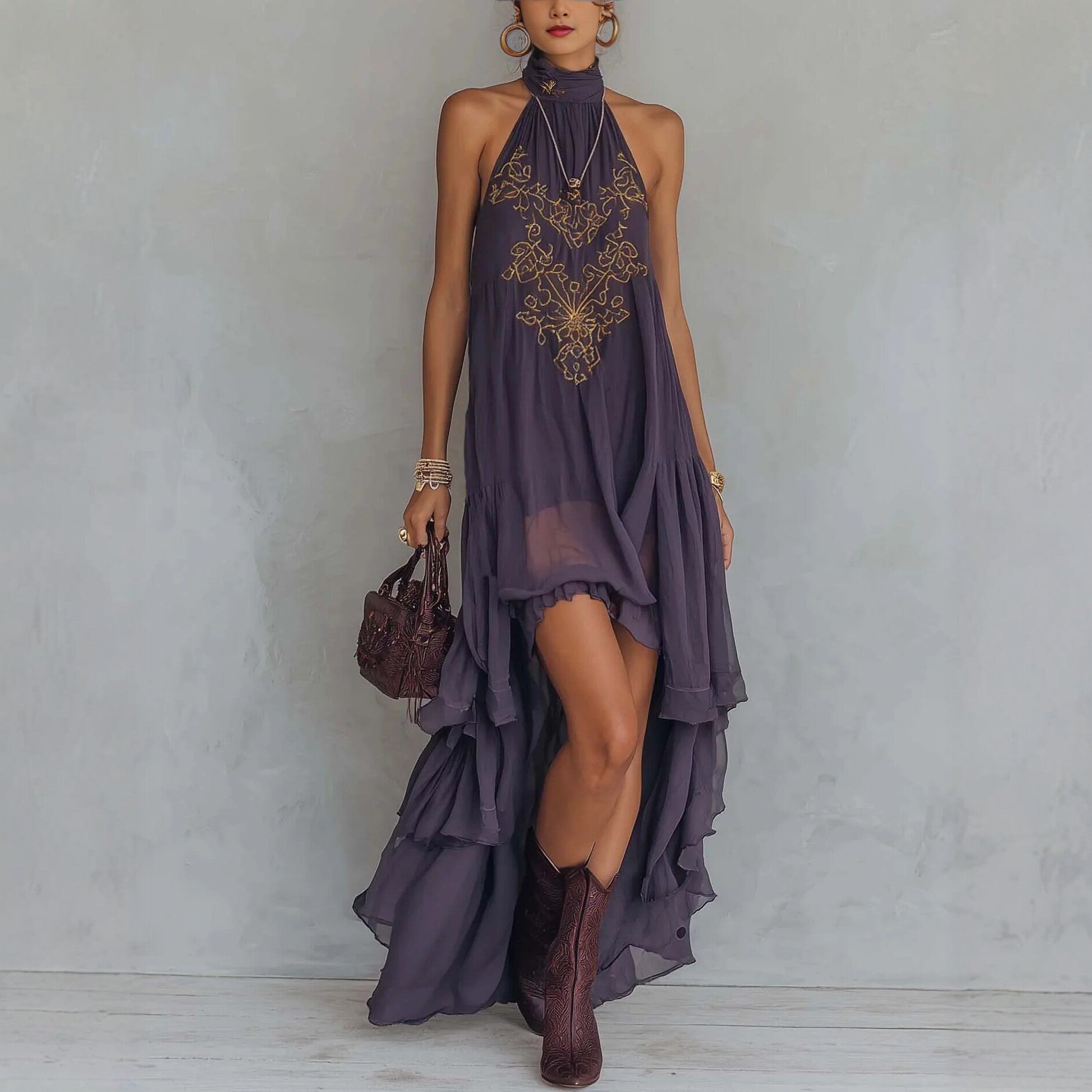 Vestido Maxi sin Mangas con Cuello Alto y Bordado Morado
