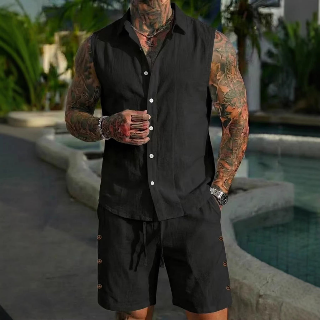 Conjunto fresco de lino para hombre — camisa manga corta y shorts