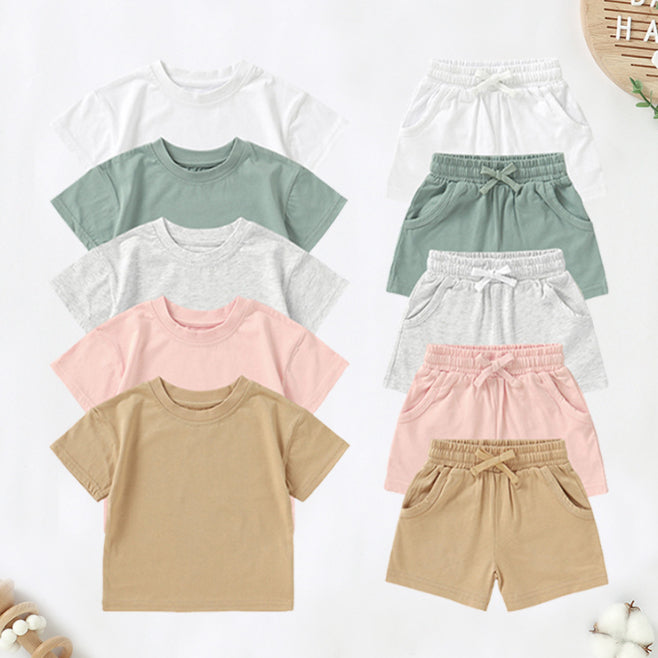 Conjunto de Algodón Orgánico de Manga Corta y Pantalón Corto para Bebé — Color Liso