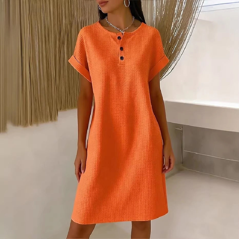 New comfortable and casual plain waffle knit dress with a round neck