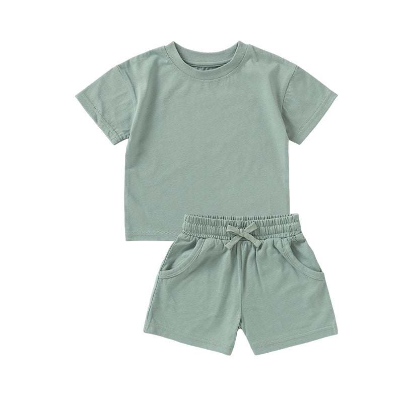 Conjunto de Algodón Orgánico de Manga Corta y Pantalón Corto para Bebé — Color Liso