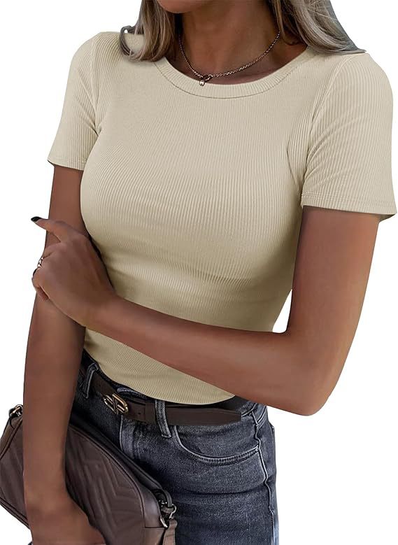 Camiseta de Manga Larga Elástica Cuello Redondo Acanalada para Mujer