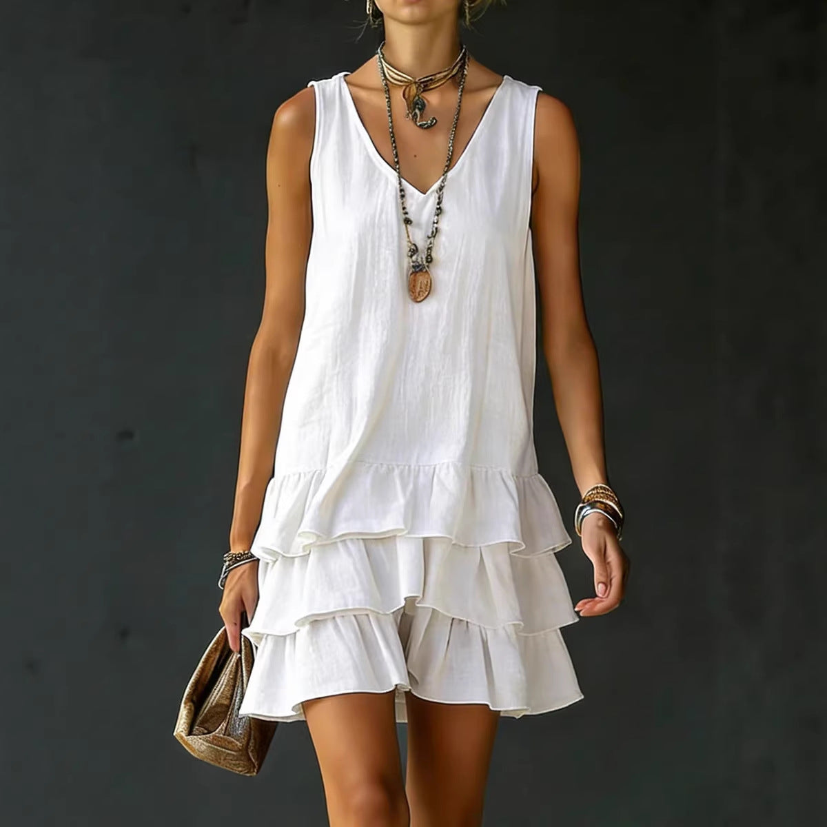 Vestido Sin Mangas de Algodón y Lino Cuello en V para Mujer