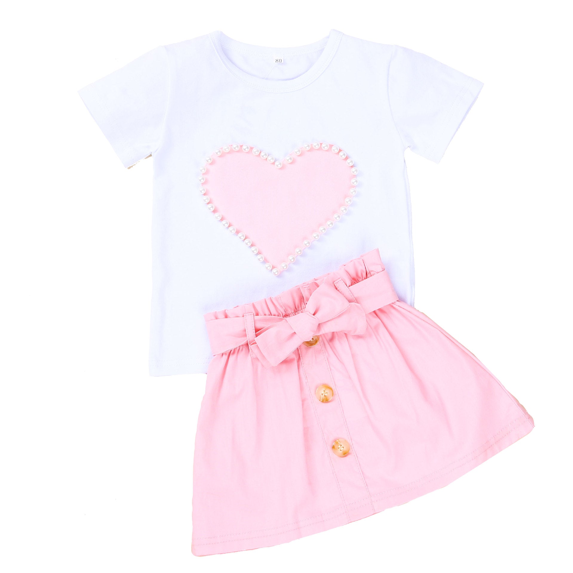 Girl's summer outfit white short-sleeve skirt with bow and pearls