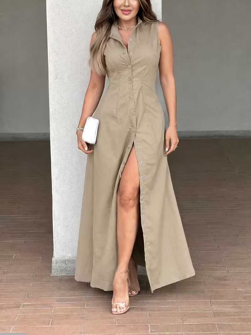Camisa de vestir larga sin mangas elegante e informal para mujer