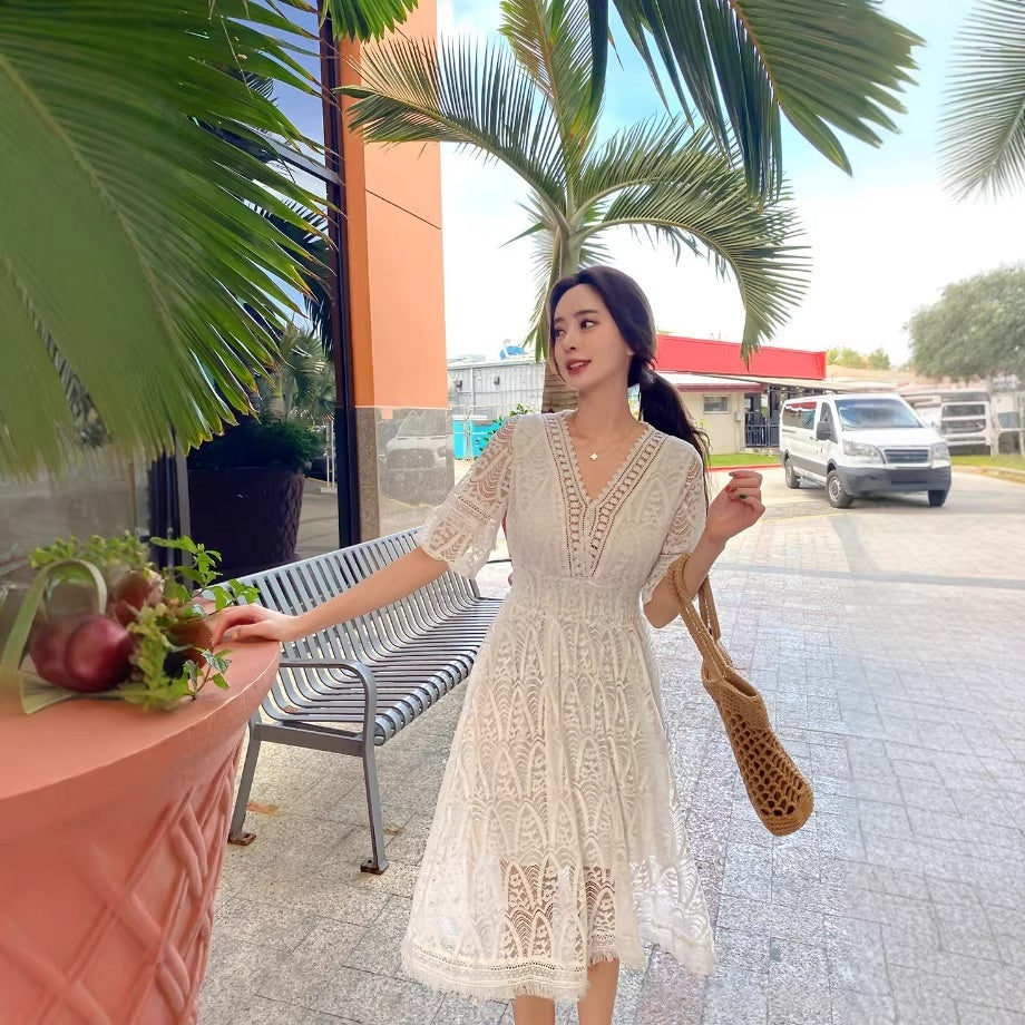 Vestido Blanco de Encaje Cintura Alta Mujer