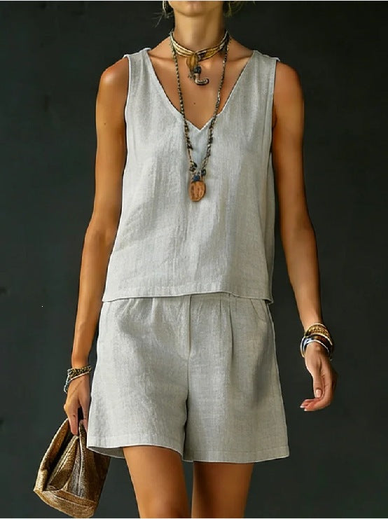 Conjunto de dos piezas para mujer — top sin mangas y shorts de lino y algodón
