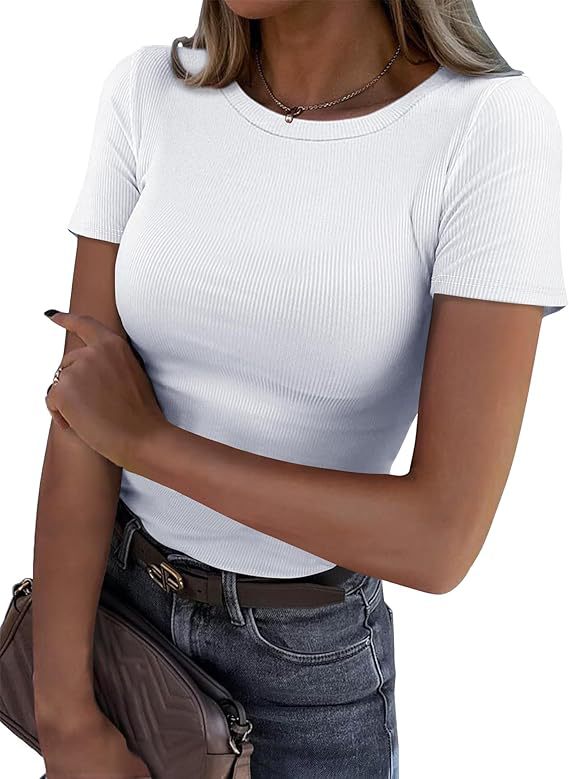 Camiseta de Manga Larga Elástica Cuello Redondo Acanalada para Mujer