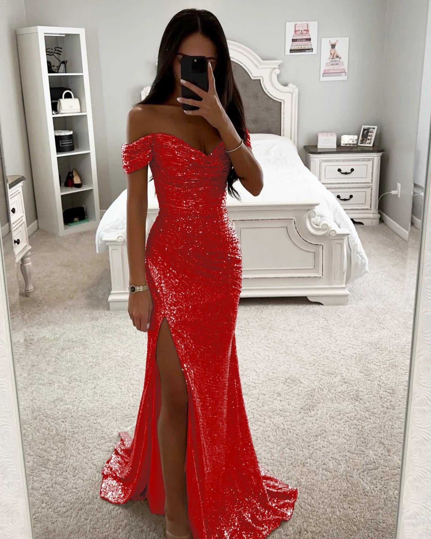 Vestido de Fiesta con Lentejuelas Escote Descubierto Mujer