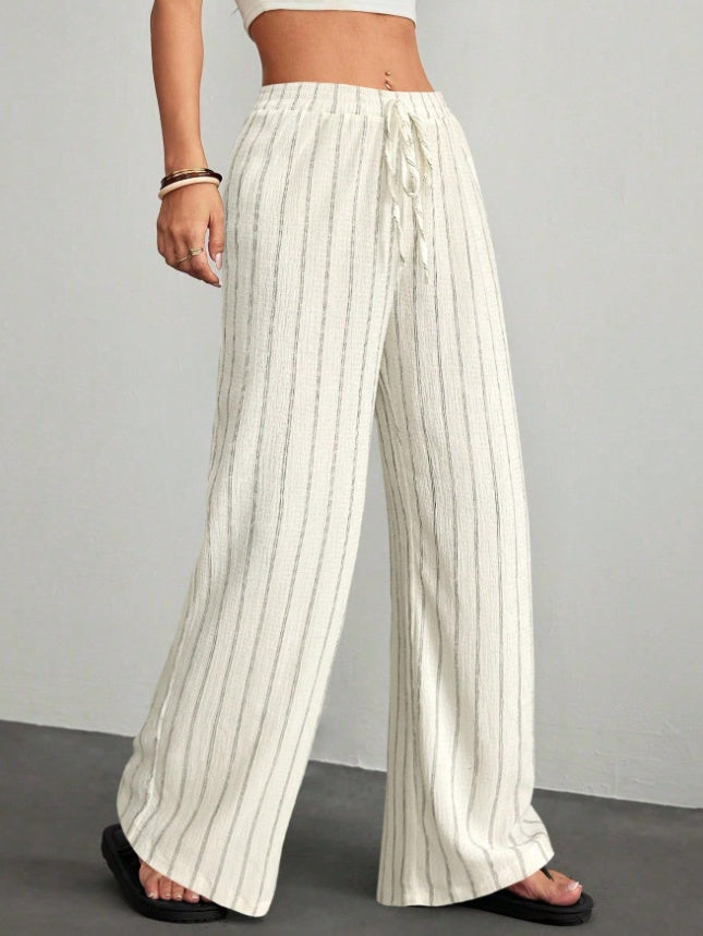Pantalones anchos de mujer con textura a rayas y cintura elástica