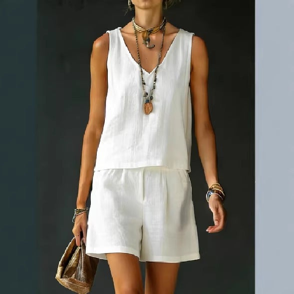Conjunto de dos piezas para mujer — top sin mangas y shorts de lino y algodón