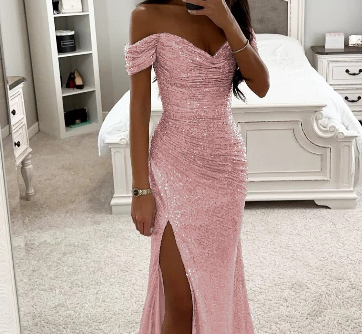 Vestido de Fiesta con Lentejuelas Escote Descubierto Mujer