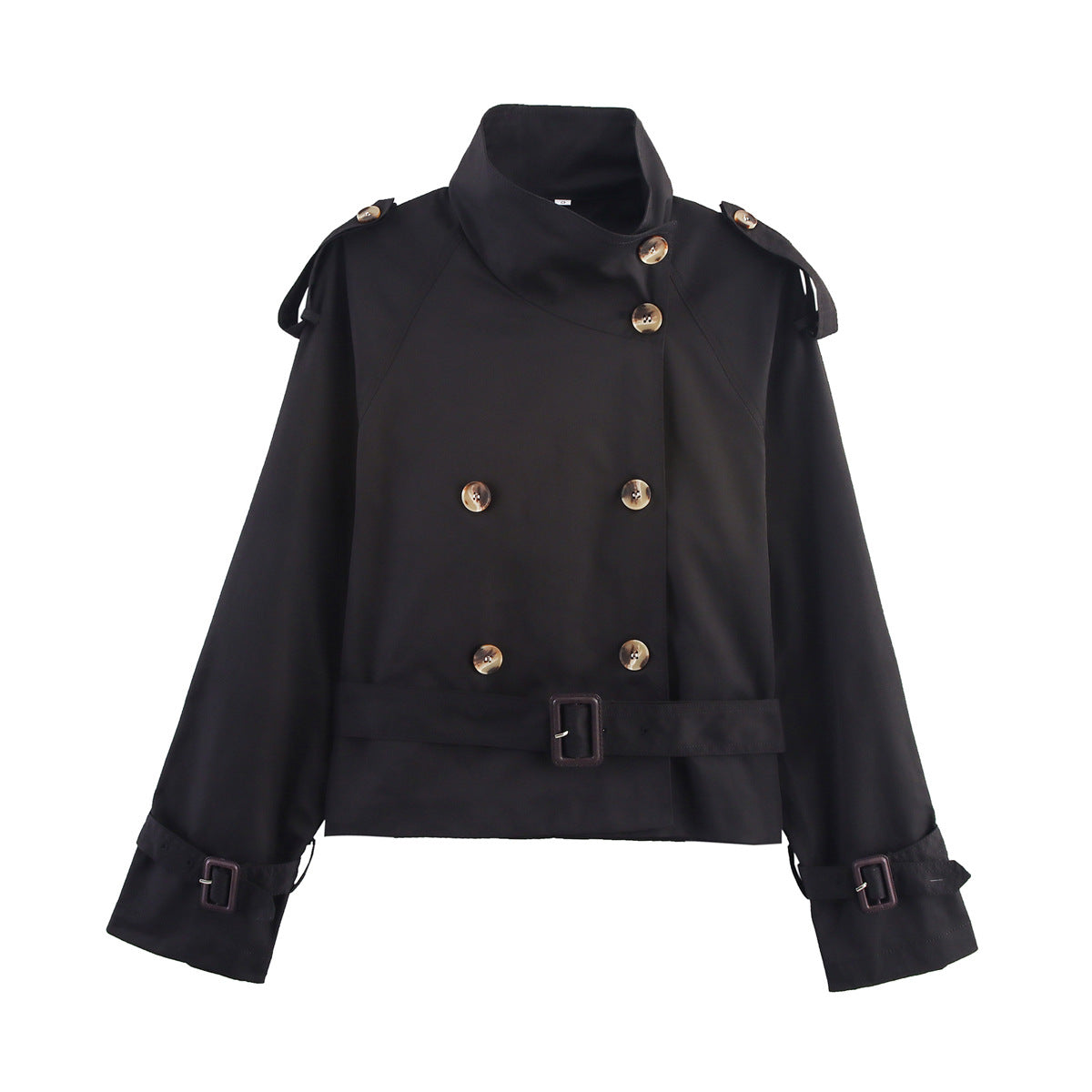 Gabardina corta para mujer con cuello de solapa y detalle de hebilla de cinturón.