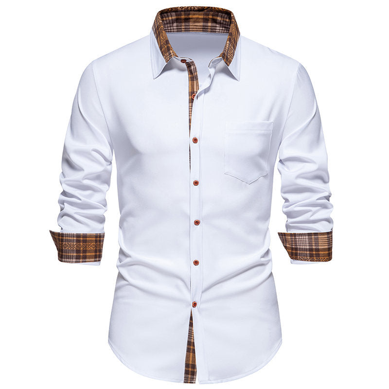 Camisa de manga larga para hombre con estampado de cuadros y costuras en contraste.