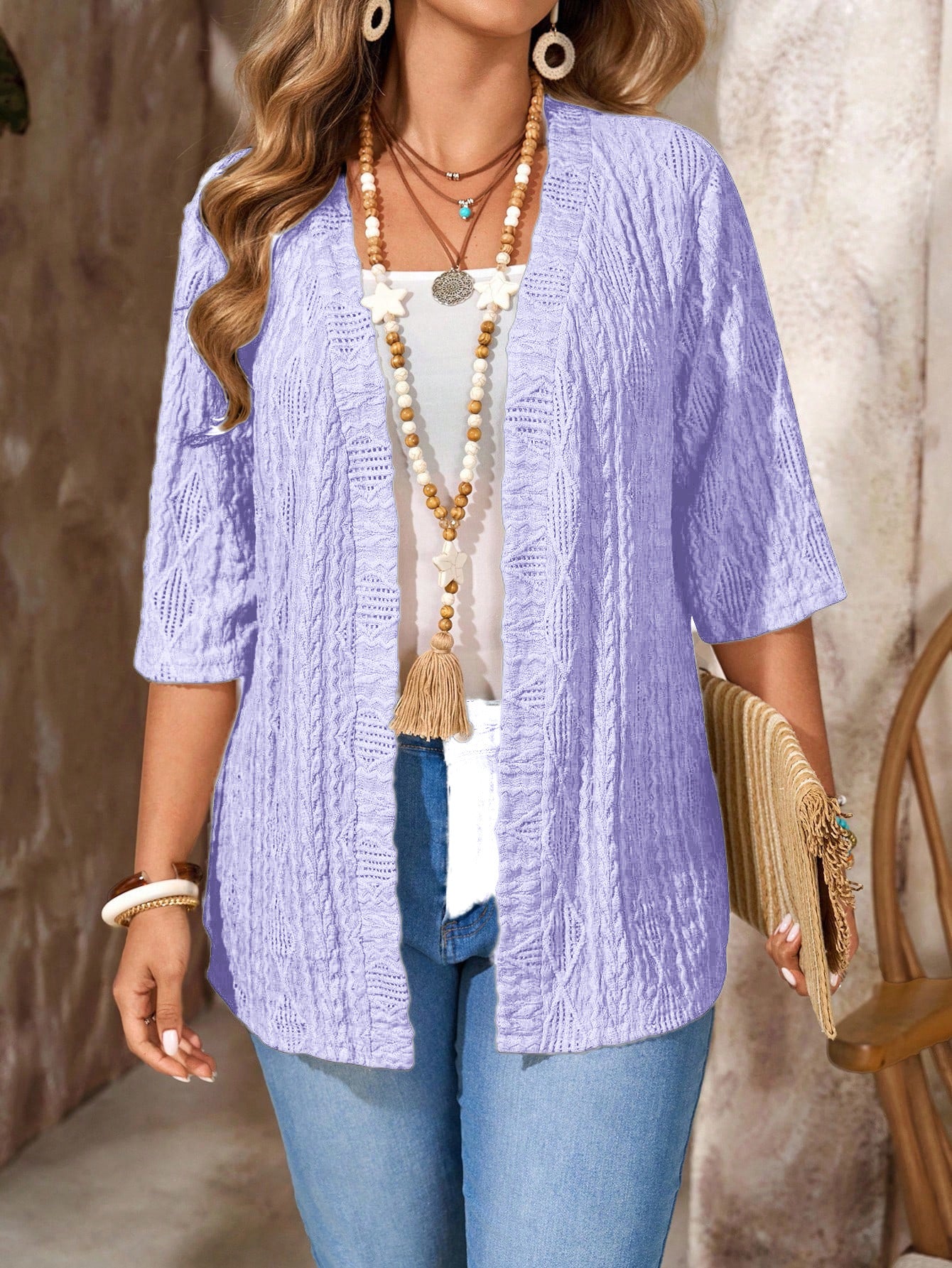 Cárdigan informal de talla grande para mujer con diseño calado y top liso.