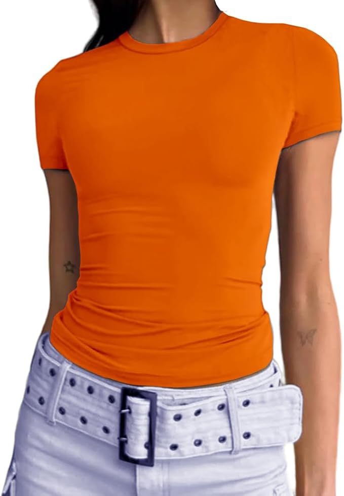 Camiseta de Manga Larga Elástica Cuello Redondo Acanalada para Mujer