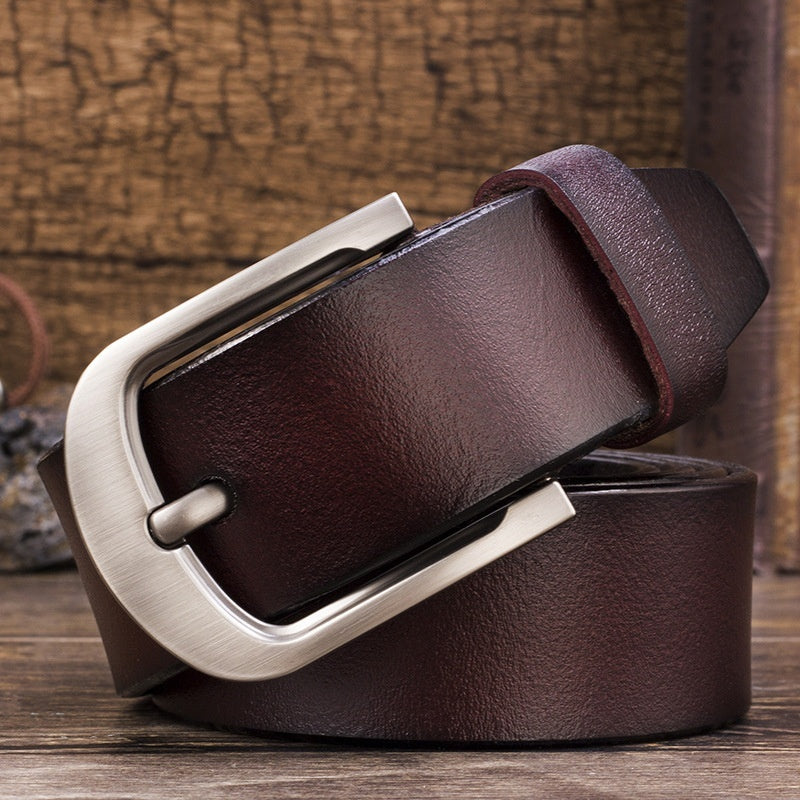 Cinturón de cuero para hombre con hebilla de pasador, piel de vaca.