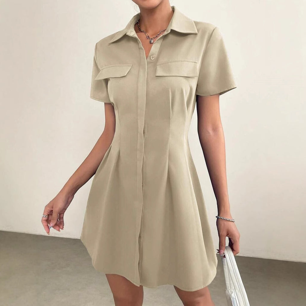 Vestido Camisero Midi Plisado con Cuello Solapa y Cintura Marcada