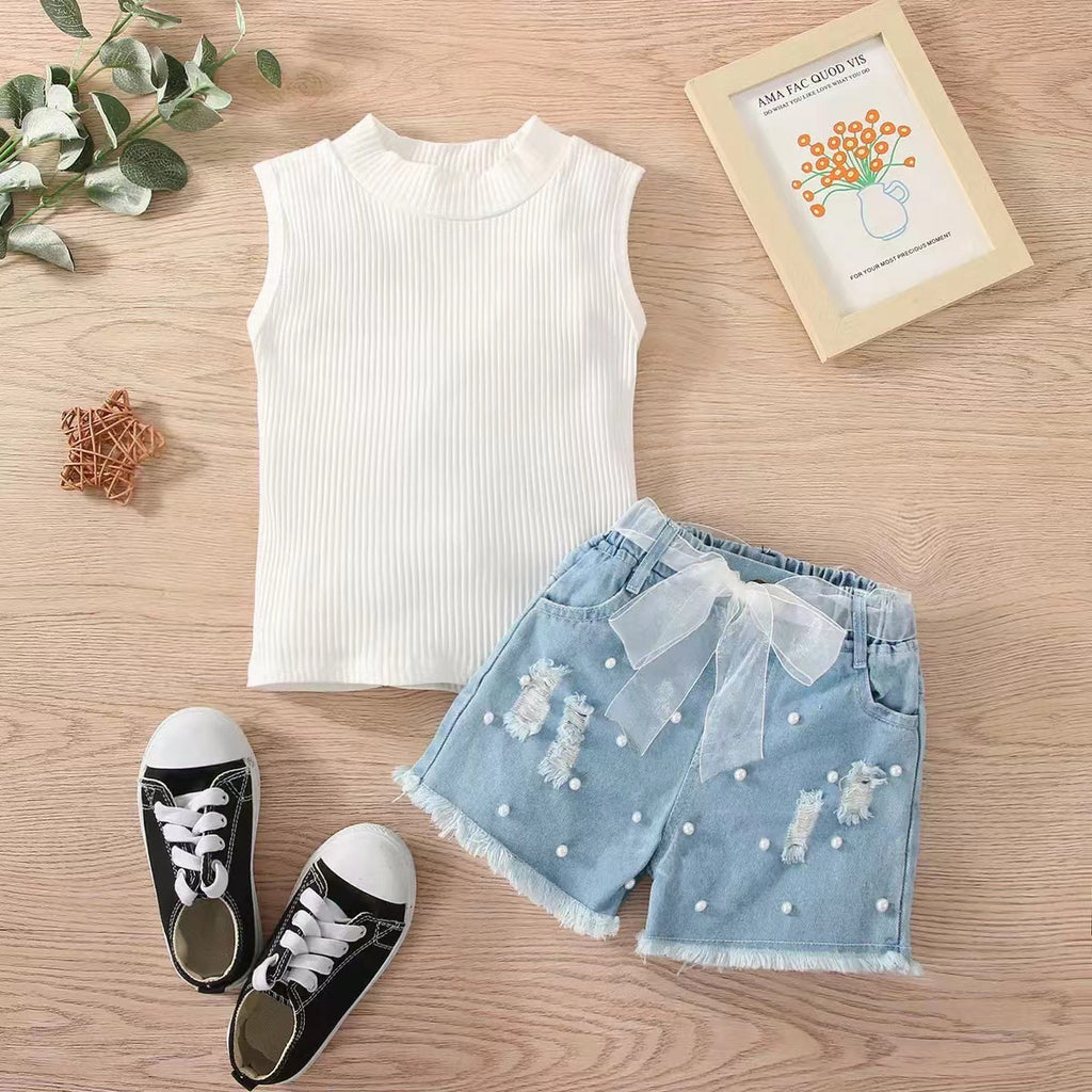 Two-piece sleeveless denim shorts set