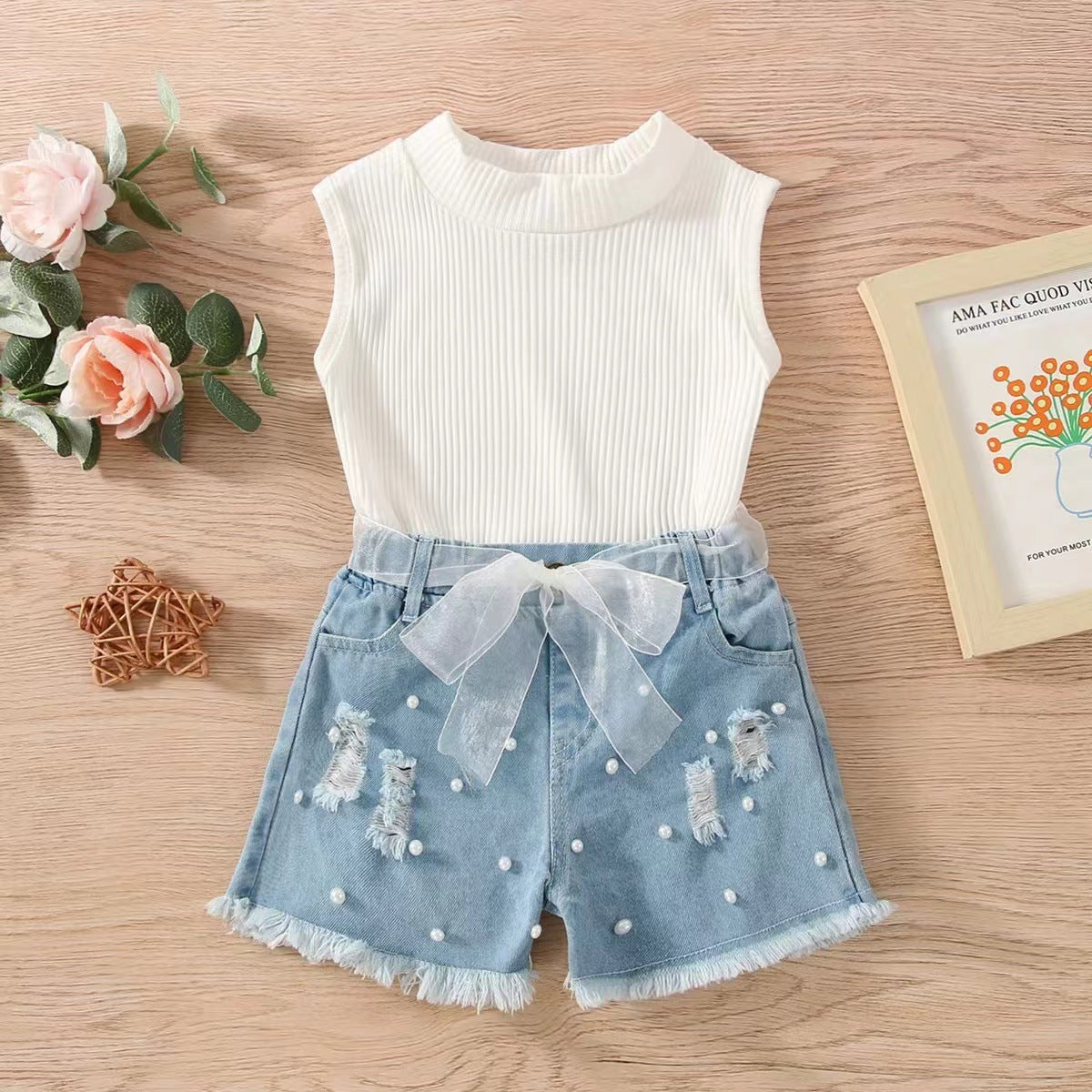 Two-piece sleeveless denim shorts set