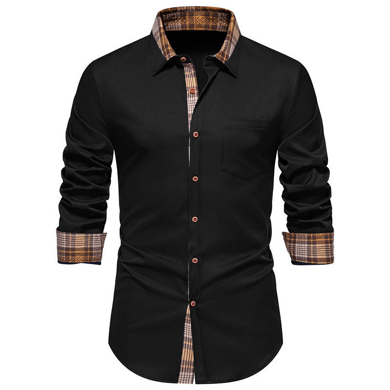 Camisa de manga larga para hombre con estampado de cuadros y costuras en contraste.