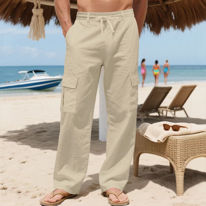 Pantalones de lino para hombre con cordón ajustable, múltiples bolsillos y pierna recta, ideales para el verano
