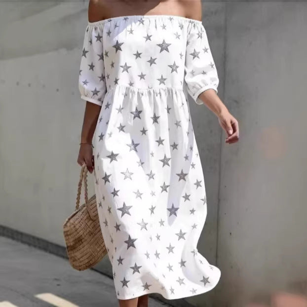 Vestido informal manga corta holgado plisado con hombros descubiertos