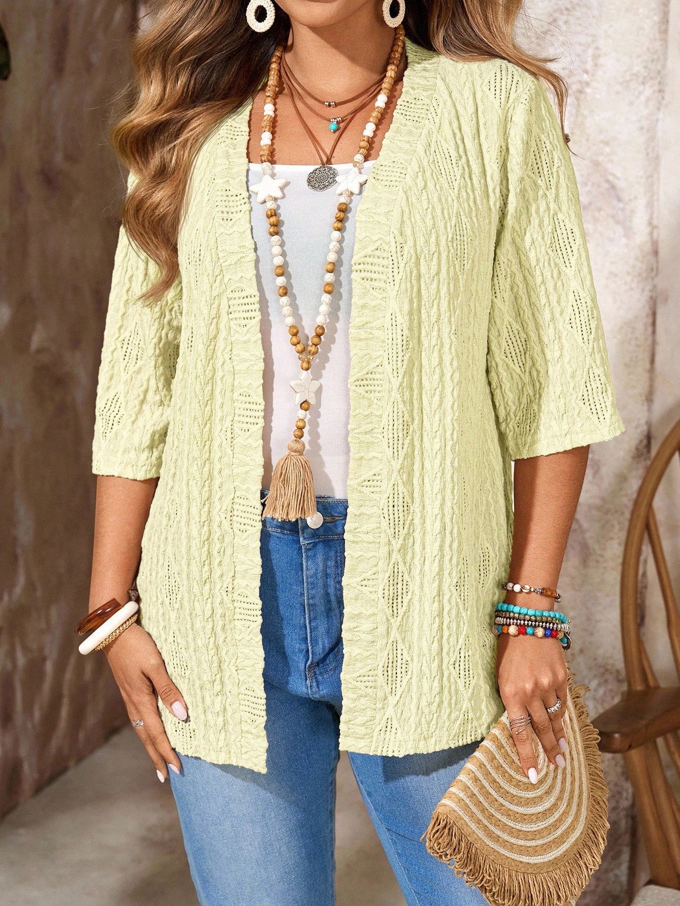 Cárdigan informal de talla grande para mujer con diseño calado y top liso.