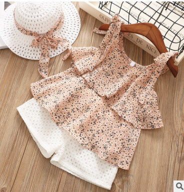 Conjunto de Dos Piezas con Tirantes Floral y Pantalones Cortos para Niña — Estilo Coreano